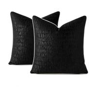 Lux Sparkles London Black Geometric Cushion Covers Set of 2 50x50cm, Luxury Textured Jacquard Pillow Covers with White Piping, Satin Back, Decorative Cushions for Sofa, Living Room & Bedroom