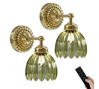 Luxcolyn Vintage Rechargeable Wall Lights with Green Tulip Glass Lampshade, Battery Wall Light with Remote, Cordless LED Sconce Lamp Non Hard Wired for Indoor Living Room, Bedroom (Set of 2)