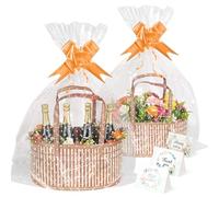LuxDuo Father's Day 2 Set Foldable Baskets for Gifts Empty, Large Reusable Woven Bamboo Gift Basket Kit with Handle Wrap Bag Gold Bow for Mother's Day Baby Shower Birthday Wrapping, 9 Gift Cards