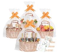 LuxDuo Father's Day 4 Set Foldable Baskets for Gifts Empty, Large Reusable Woven Bamboo Gift Basket Kit with Handle Wrap Bag Gold Bow for Mother's Day Baby Shower Birthday Wrapping, 12 Gift Cards