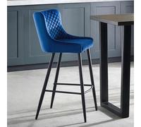 Luxe Barstool - Set of 2 - Curved Back - Blue Velvet and Black - Fabric and Metal