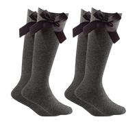 LUXE DIVA 3 Pairs Girls Knee High School Socks Cotton Socks with Fluffy Ribbons Bow, Back to School Socks Uniform Party Wear Comfort Fit Long (UK, Age, 4 Years, 8 Years, Regular, 2 Pack - Grey)