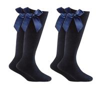 LUXE DIVA 3 Pairs Girls Knee High School Socks Cotton Socks with Fluffy Ribbons Bow, Back to School Socks Uniform Party Wear Comfort Fit Long (UK, Age, 2 Years, 3 Years, Regular, 2 Pack - Navy)