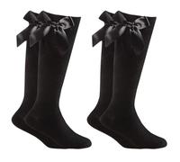 LUXE DIVA 3 Pairs Girls Knee High School Socks Cotton Socks with Fluffy Ribbons Bow, Back to School Socks Uniform Party Wear Comfort Fit Long (UK, Age, 2 Years, 3 Years, Regular, 2 Pack - Black)