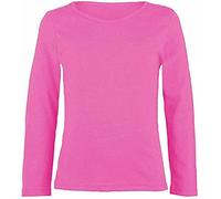LUXE DIVA Girls Boy Kids Plain Basic Long Sleeve Round Neck T-Shirt Stretch School Tee Top 2-13 Years Neon Pink
