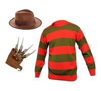 LUXE DIVA Halloween Costume Set, Striped Red and Green Jumper, Brown Hat, Claw Gloves, Horror Movie Character Cosplay (3-Pack jumper,hat,glove, XX-Large)