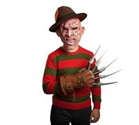 LUXE DIVA Kids Costume, Nightmare on Elm Street Red Green Stripe Jumper Sweater, Hat, Scary Mask Claw Gloves Set for Halloween Cosplay Party Outfit pullover (Kids jumper, hat, mask, gloves, 7-8)