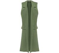 LUXE DIVA Ladies Front Open Sleeveless Long Duster Coat Waistcoat Blazer Womens Sleeveless Open Front Long Waistcoat Stylish Crepe Pocket Jacket Coat Plus Size UK Size 8-26