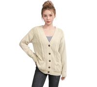 LUXE DIVA New Womens Everyday Long Sleeve Button Top Ladies Chunky Aran Cable Knit Grandad Cardigan UK Size 8-26 Cream
