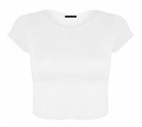LUXE DIVA Women Cap Short Sleeve Crop Top Round Neck Plain/Printed T-Shirt Stretchy Summer Cropped Vest Tops Size 8-14 White