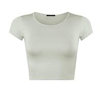 LUXE DIVA Women Cap Short Sleeve Crop Top Round Neck Plain/Printed T-Shirt Stretchy Summer Cropped Vest Tops Size 8-14 Cream