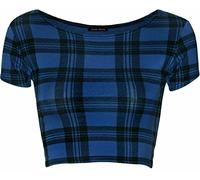LUXE DIVA Women Cap Short Sleeve Crop Top Round Neck Plain/Printed T-Shirt Stretchy Summer Cropped Vest Tops Size 8-14 Blue Tartan
