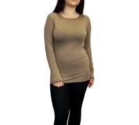 LUXE DIVA Women Ladies Long Sleeve Round Neck Plain Top Stretchy Casual Summer T-Shirts Basic Slim fit Tee Tops UK Plus Size 8-26 Mocha