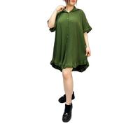 LUXE DIVA Women’s Gold Button Pleated Short Sleeve Plain Collared Frill Hem Ladies Casual Loose Fit Oversized Baggy Plus Size Swing Summer Crinkle Dresses for Women