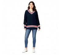 LUXE DIVA Women's Cable Knit Cricket Sweater - V-Neck Long Sleeve Jumper | Stretch Wool Blend | Outdoor Winter Wear | Plus Sizes 16-26 Navy