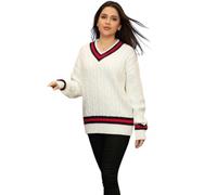 LUXE DIVA Womens New Long Sleeves Ladies Cable Knitted V Neck Stretch Cricket Sweater Jumper Cream