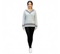 LUXE DIVA Womens New Long Sleeves Ladies Cable Knitted V Neck Stretch Cricket Sweater Jumper Silver