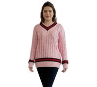 LUXE DIVA Women's Cable Knit Cricket Sweater - V-Neck Long Sleeve Jumper | Stretch Wool Blend | Outdoor Winter Wear | Plus Sizes 16-26 Baby Pink