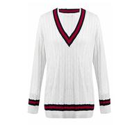 LUXE DIVA Womens New Long Sleeves Ladies Cable Knitted V Neck Stretch Cricket Sweater Jumper White