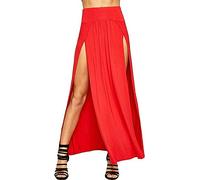 LUXE DIVA Womens Long Double Split High Waist Ladies Plain Jersey Stretch Two Side Slit Maxi Skirt Red