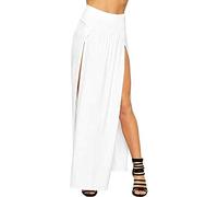 LUXE DIVA Womens Long Double Split High Waist Ladies Plain Jersey Stretch Two Side Slit Maxi Skirt White