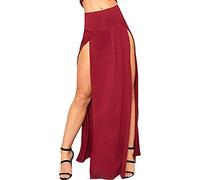 LUXE DIVA Womens Long Double Split High Waist Ladies Plain Jersey Stretch Two Side Slit Maxi Skirt Wine