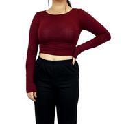 Womens Crop Long Sleeve T Shirt Ladies Short Plain Basic Round Neck Shirts Top 8-14 Wine