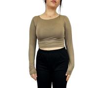 LUXE DIVA Women's Long Sleeve Crop Top - Slim Fit Basic Tee | Stretchy Crew Neck Shirt | Casual & Going Out T-Shirt | Solid Fashion Baby Tee Sizes 8-14 Mocha