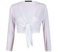 LUXE DIVA Womens New Plain Bolero Front Tie Shrug Ladies Cropped Long Sleeve Stretch Cardigan Top White