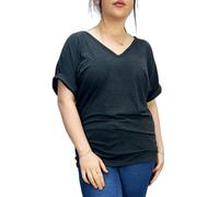 LUXE DIVA Women's New Plus Size Womens Short Turn Up Sleeve Baggy Plain Top Ladies V-Neck T-Shirt 8-26 Charcoal