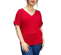 LUXE DIVA Women's New Plus Size Womens Short Turn Up Sleeve Baggy Plain Top Ladies V-Neck T-Shirt 8-26 Red