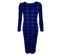 LUXE DIVA Women's Plus Size Long Sleeve Stretch Bodycon Jersey Maxi Dress, Printed Midi for Elegant and Comfortable Style (UK, Numeric, 24, 26, Plus, Regular, Blue Tartan)