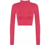 LUXE DIVA Womens Turtle Neck Crop Ladies Long Sleeve Plain Polo Short Stretch Top Sizes 8-14 Cerise