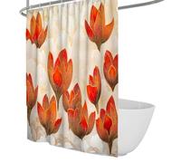 Luxe Floral Texture Bath Curtain Red Tulip Pattern Shower Curtain Orange Flowers Golden Accents Bathtub Curtains for Spa Bathroom Decor Waterproof 200 x 200 cm