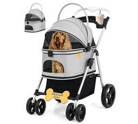 Luxe Haus 4 Wheel Foldable Pet Stroller - Lightweight Dogs and Cats Stroller Upto 50lbs with Mesh Canopy, Storage Basket and Cup Holder, Durable for Walks and Outings (Medium)