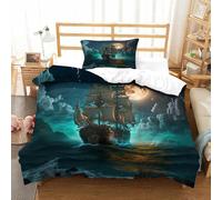 Luxe Pirate Boat Pattern Duvet Cover Single（135x200cm）, Washable Bedding Set, 3D Sailboat Full Moon Printed Quilt Cover Set for Home Textiles Decor