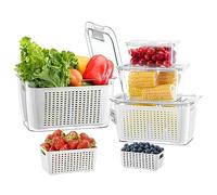 Luxear Set of 4 Large Fridge Storage Boxes, 5.8L+4L+1.7L+0.5L BPA Free Fridge Storage Bin with Drainer, Salad Container for Vegetables Fruit, White
