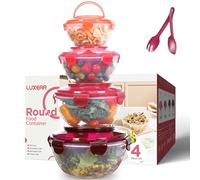 Luxear Set of 4 PP Plastic Mixing/Salad Bowls with Snap Lock Leakproof Lids, Spoon and Fork- Reusable and Easy Portability Nestable Bowls for Kitchen Storage, Dishwasher & Microwave Safe, Red