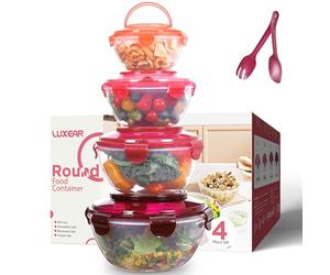 Luxear Set of 4 PP Plastic Mixing/Salad Bowls with Snap Lock Leakproof Lids, Spoon and Fork- Reusable and Easy Portability Nestable Bowls for Kitchen Storage, Dishwasher & Microwave Safe, Red