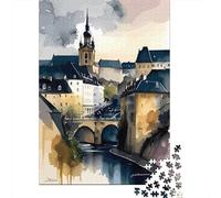 Luxembourg Watercolor 1000 Piece Jigsaw Puzzle, Landmark Urban View, Interlocking Paper Pieces for Travel Lovers, Birthday Gift, Mindful Activity, 52x38cm/1000pcs