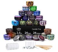 Luxetins 24 Pack Empty Candle Tins, 24 Designs Metal Tins,Candle Containers with Lids,Bulk Candle Jars,Wicks, Stickers, Wicks Holder for DIY Candle Crafting Small Businesses(4OZ×24PCS)