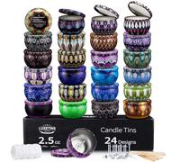 Luxetins 24 Pack Empty Candle Tins, 24 Designs Metal Tins,Candle Containers with Lids,Bulk Candle Jars,Wicks, Stickers, Wicks Holder for DIY Candle Crafting Small Businesses(2.5OZ×24PCS)