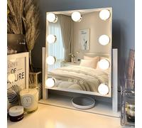 LuxeVue Makeup Mirror with Lights, Freestanding Vanity Mirror with 3Colors Dimmable, 14x12 Light Up Mirror with Touch Sensor, 9 LED, Round 3.5" 10X Spot Magnifying, 360 Rotatable -White