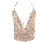Luxexy Gold Sexy Tops for Women Sparkly Deep V Neck Crop Tank Tops Cami Body Chain Top, Gold Rhinstone, M