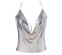 Luxexy Gold Sexy Tops for Women Sparkly Deep V Neck Crop Tank Tops Cami Body Chain Top, Silver, One Size