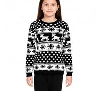LUXFAB Children's Kids Girls Boys Merry Christmas Reindeer Rudolph On The Wall Christmas Long Sleeve Pompom Xmas Jumper 5-13 (9-10 Years, Reindeer Snowflake - Black)