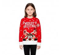 LUXFAB Children's Kids Girls Boys Merry Christmas Reindeer Rudolph On The Wall Christmas Long Sleeve Pompom Xmas Jumper 5-13 (7-8 Years, Red)