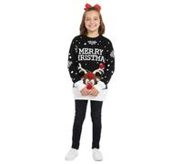LUXFAB Children's Kids Girls Boys Merry Christmas Reindeer Rudolph On The Wall Christmas Long Sleeve Pompom Xmas Jumper 5-13 (3-4 Years, Merry Christmas - Black)