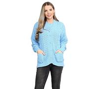 LUXFAB Women’s Cable Knit Crew Neck Cardigan - Ladies Knitted Aran Style Sweater with Front Pockets & Button Up Long Sleeve Classic Winter Knitwear UK Sky Blue