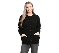 LUXFAB Women’s Cable Knit Crew Neck Cardigan - Ladies Knitted Aran Style Sweater with Front Pockets & Button Up Long Sleeve Classic Winter Knitwear UK Black
